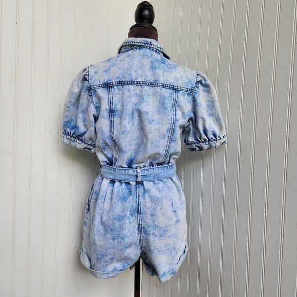 TCEC Womens Blue Light Wash Denim Playsuit Romper Short Sleeve Snap Belted Sz M - Picture 7 of 16